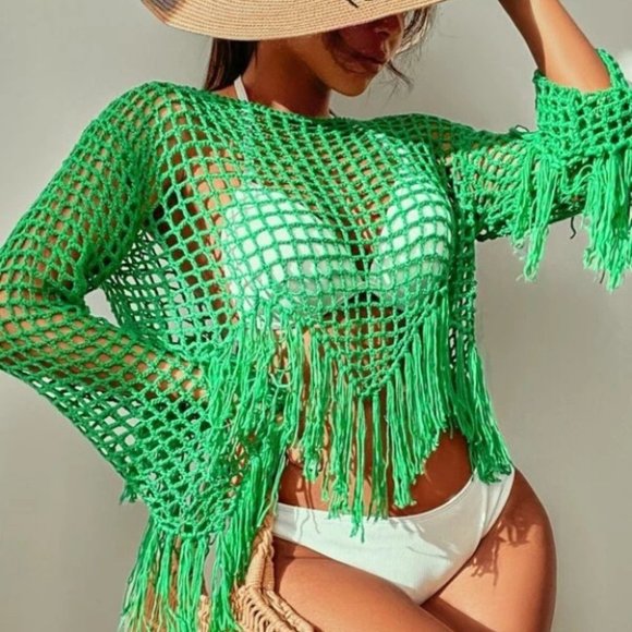 private label Tops - Crochet knit fringe trimmed top Swim coverupGreen